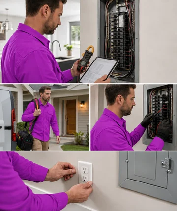 A licensed electrician testing an open panel, arriving on a call, and checking an outlet